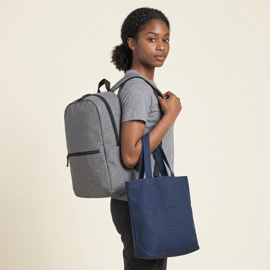 Model M01 carrying custom branded corporate backpack and navy tote bag