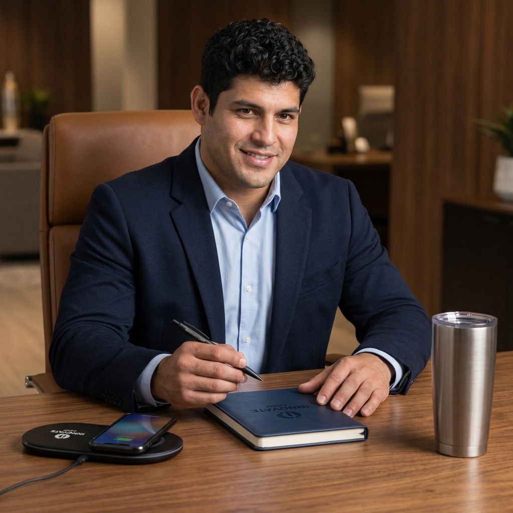 Model M05 seated with executive branded notebook, engraved metal pen, wireless charger, and tumbler