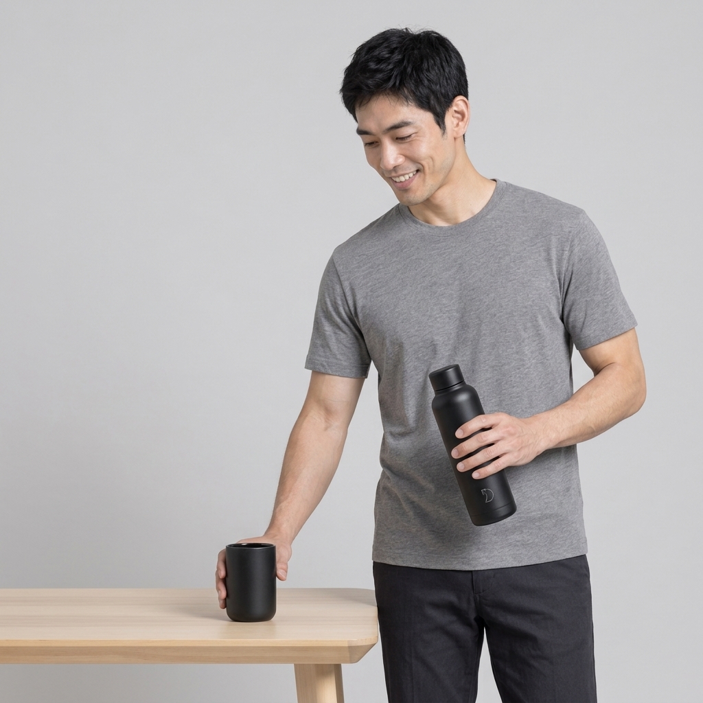 Model M02 displaying custom engraved matte black insulated water bottle and ceramic tumbler