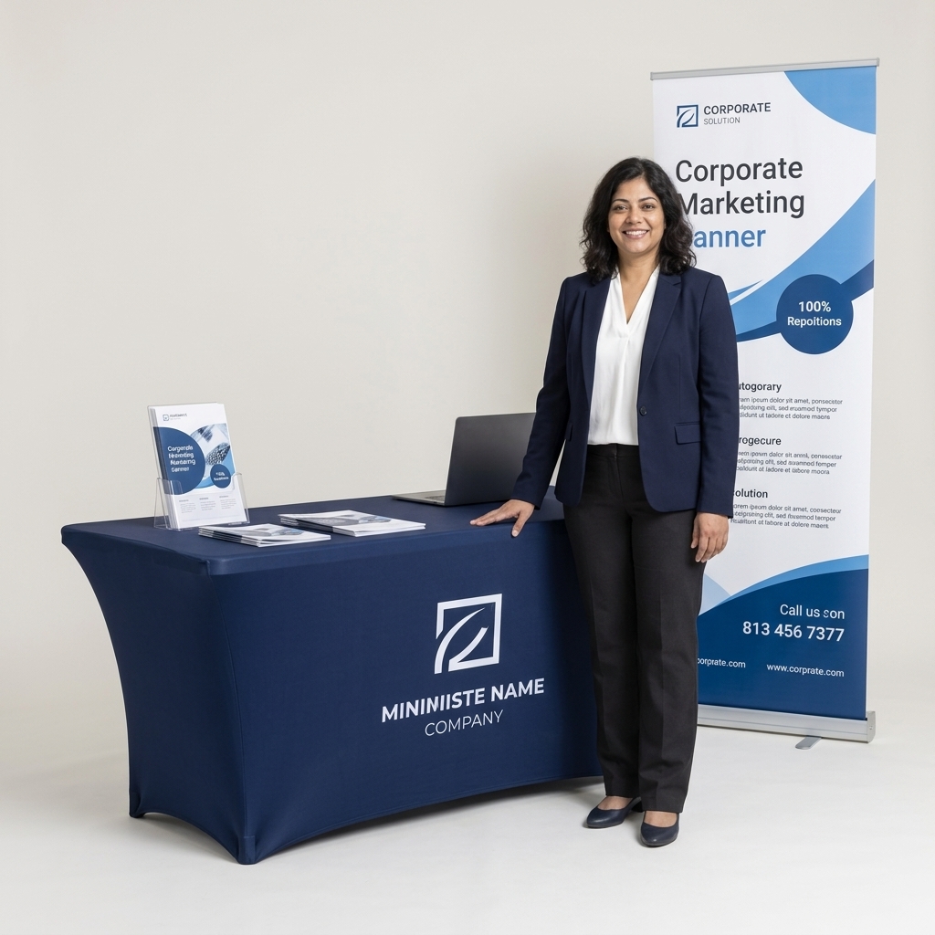 Model M03 presenting custom trade show booth setup with navy fitted logo table throw and pull-up banner